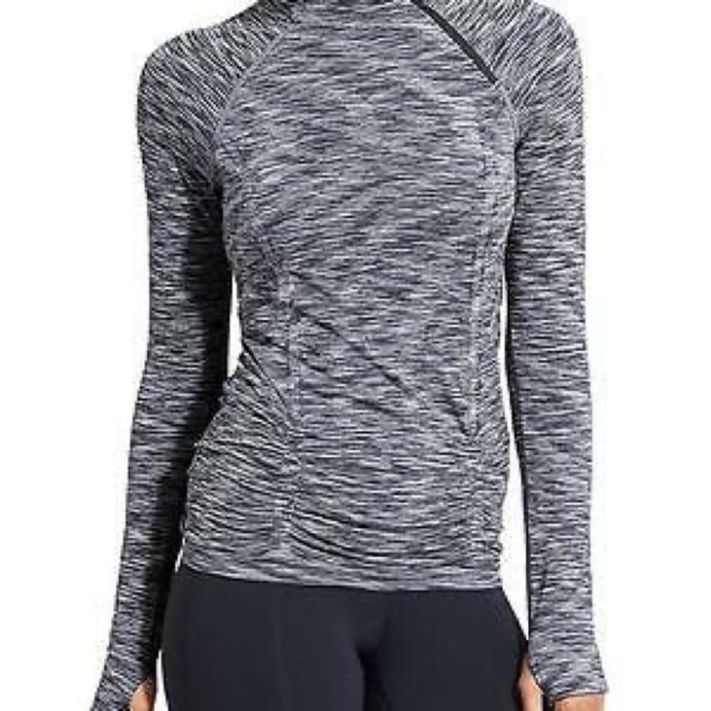 Athleta Fastest Track Asym 1/2 Zip TOP Space Dye Cobblestone Stretch Reflect. L